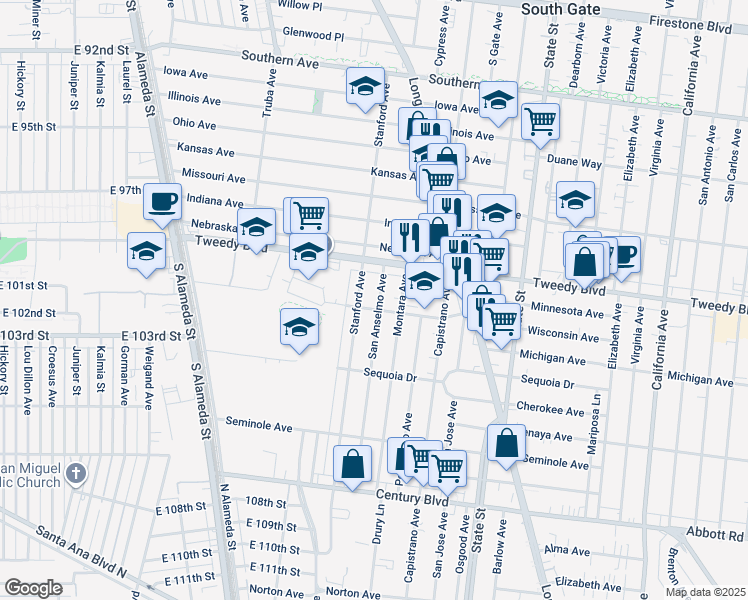 map of restaurants, bars, coffee shops, grocery stores, and more near 10031 San Anselmo Avenue in South Gate