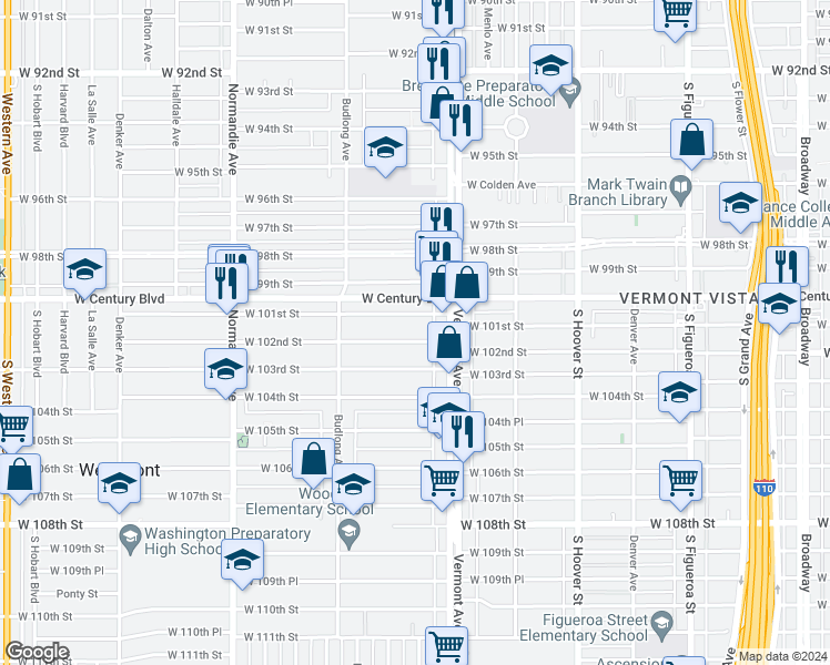 map of restaurants, bars, coffee shops, grocery stores, and more near 1035 West 102nd Street in Los Angeles