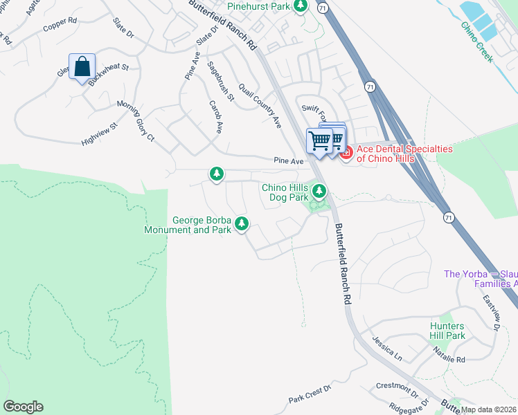 map of restaurants, bars, coffee shops, grocery stores, and more near 17004 Viana Drive in Chino Hills