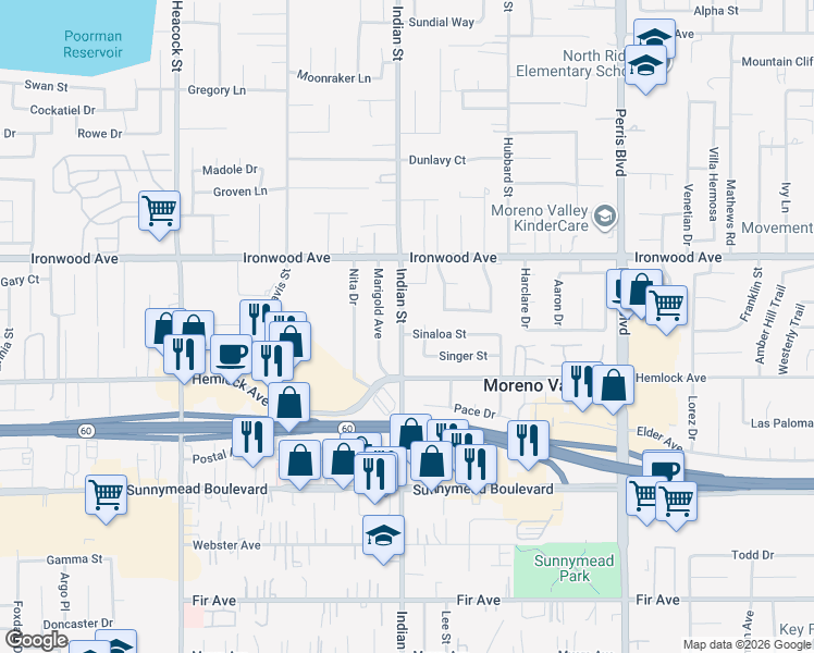 map of restaurants, bars, coffee shops, grocery stores, and more near 12105 Indian Street in Moreno Valley