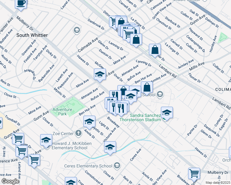 map of restaurants, bars, coffee shops, grocery stores, and more near 14039 Mulberry Drive in Whittier