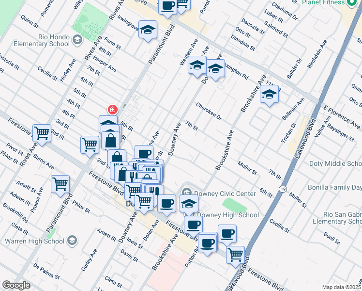 map of restaurants, bars, coffee shops, grocery stores, and more near 8313 6th Street in Downey