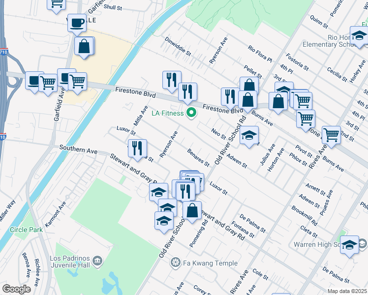 map of restaurants, bars, coffee shops, grocery stores, and more near 11615 Salford Avenue in Downey