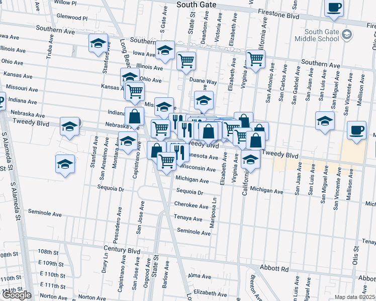 map of restaurants, bars, coffee shops, grocery stores, and more near 3297 Tweedy Boulevard in South Gate