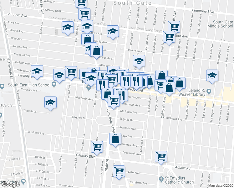 map of restaurants, bars, coffee shops, grocery stores, and more near in Los Angeles County
