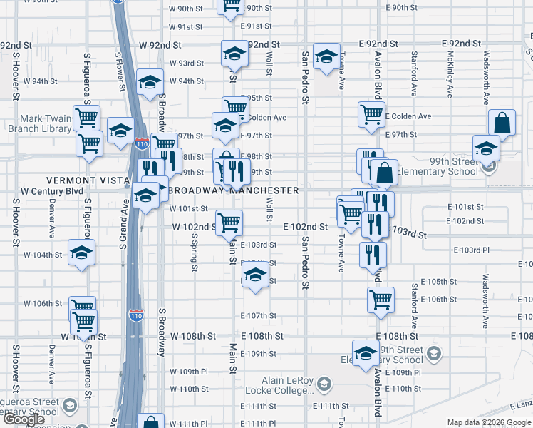 map of restaurants, bars, coffee shops, grocery stores, and more near 153 East 101st Street in Los Angeles