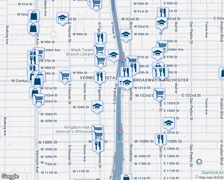 map of restaurants, bars, coffee shops, grocery stores, and more near 409 West 101st Street in Los Angeles