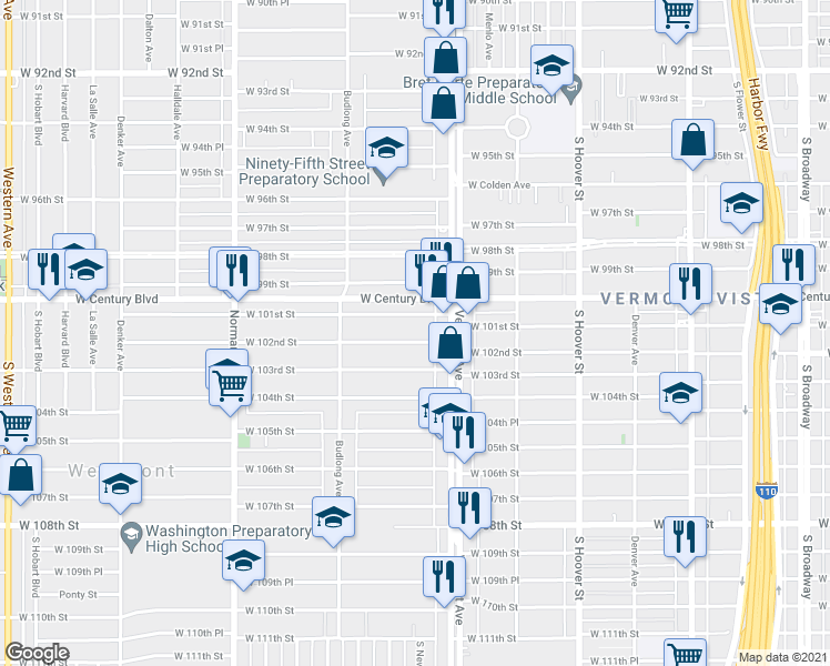 map of restaurants, bars, coffee shops, grocery stores, and more near 1029 West 101st Street in Los Angeles
