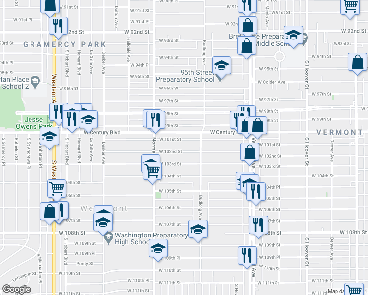 map of restaurants, bars, coffee shops, grocery stores, and more near 1228 West 101st Street in Los Angeles