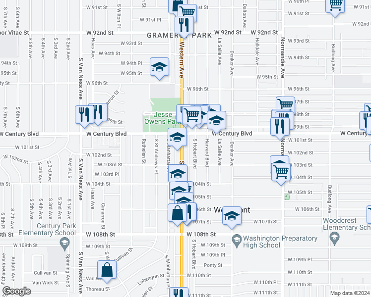 map of restaurants, bars, coffee shops, grocery stores, and more near 10009 South Hobart Boulevard in Los Angeles