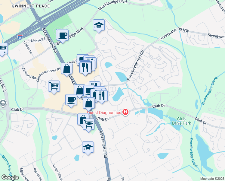 map of restaurants, bars, coffee shops, grocery stores, and more near 3500 Sweetwater Road in Duluth