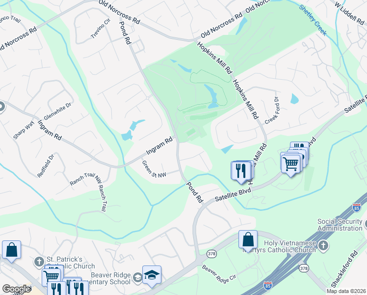 map of restaurants, bars, coffee shops, grocery stores, and more near 2204 Pond Road in Duluth