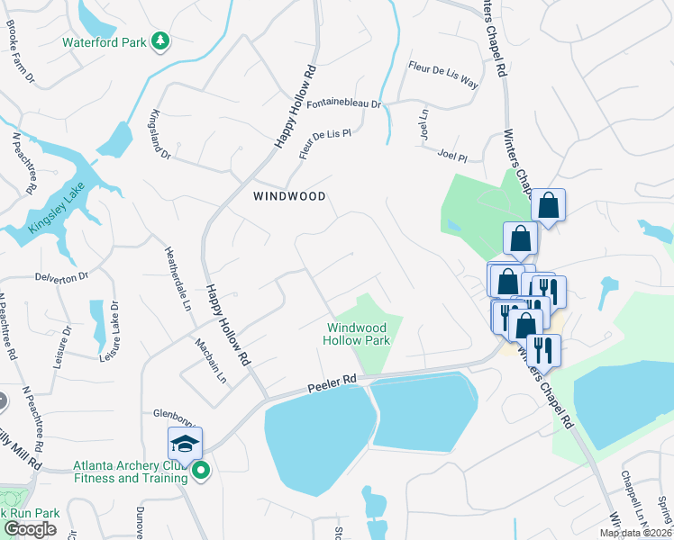 map of restaurants, bars, coffee shops, grocery stores, and more near 2517 Lakebrook Court in Atlanta