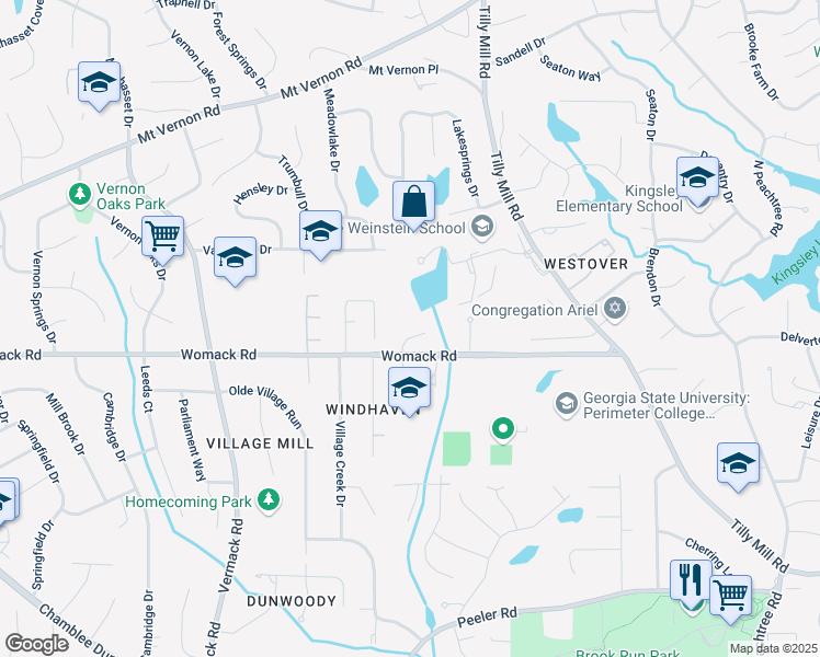 map of restaurants, bars, coffee shops, grocery stores, and more near 4970 Lakeland Woods Court in Dunwoody
