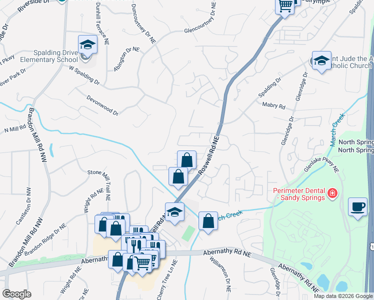 map of restaurants, bars, coffee shops, grocery stores, and more near 6977 Roswell Road in Sandy Springs