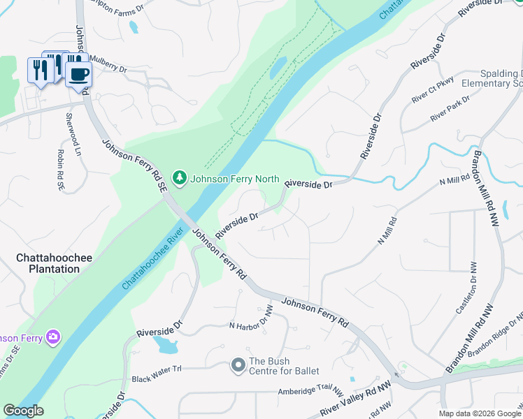 map of restaurants, bars, coffee shops, grocery stores, and more near 1400 North Riverside Circle in Atlanta