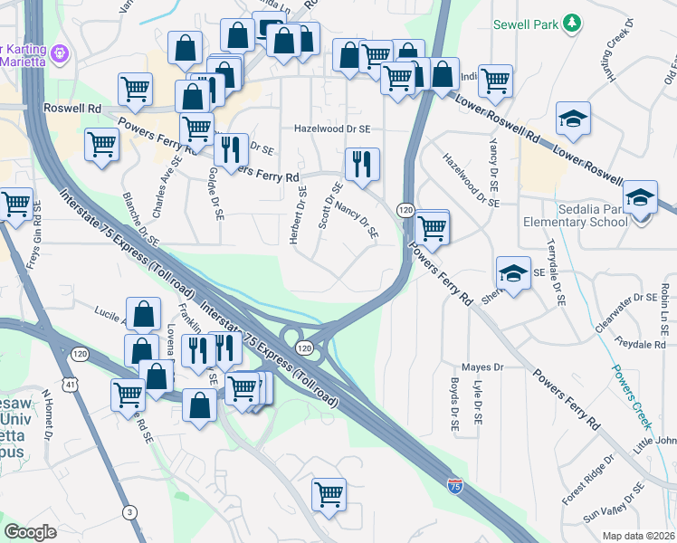 map of restaurants, bars, coffee shops, grocery stores, and more near 327 Scott Drive Southeast in Marietta