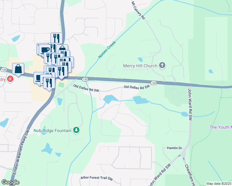 map of restaurants, bars, coffee shops, grocery stores, and more near 2155 Old Dallas Road Southwest in Marietta
