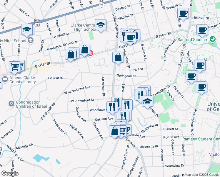 map of restaurants, bars, coffee shops, grocery stores, and more near in Athens