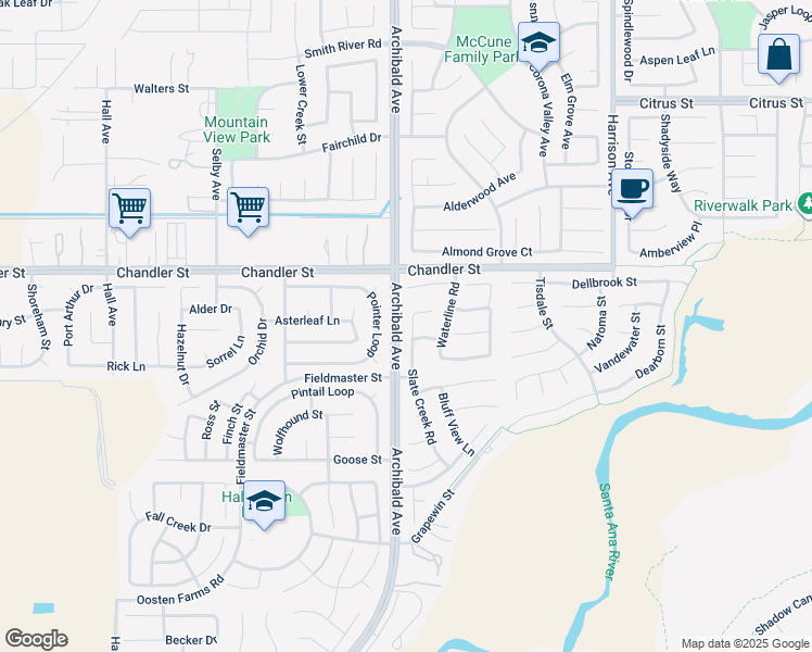 map of restaurants, bars, coffee shops, grocery stores, and more near 7871 Slate Creek Road in Eastvale