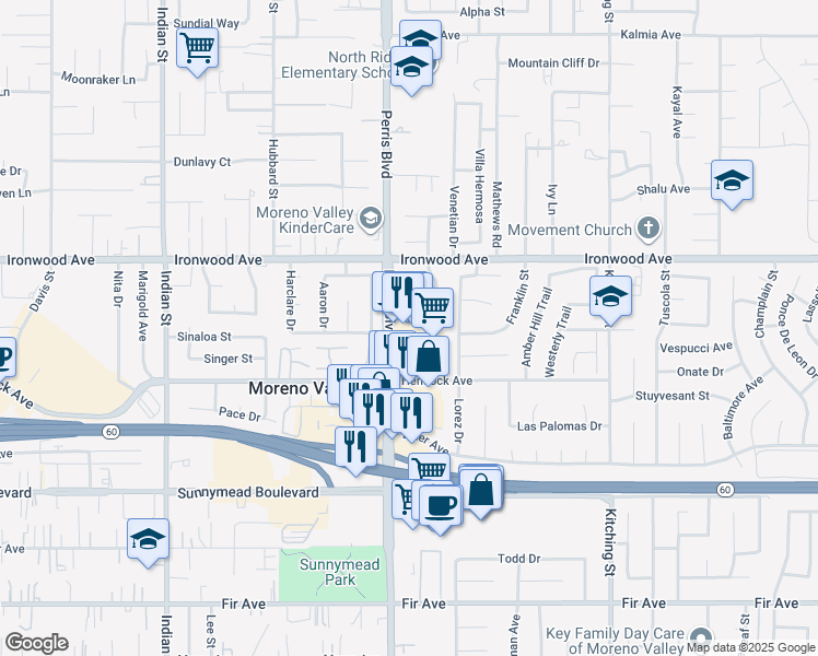 map of restaurants, bars, coffee shops, grocery stores, and more near 12190 Perris Boulevard in Moreno Valley