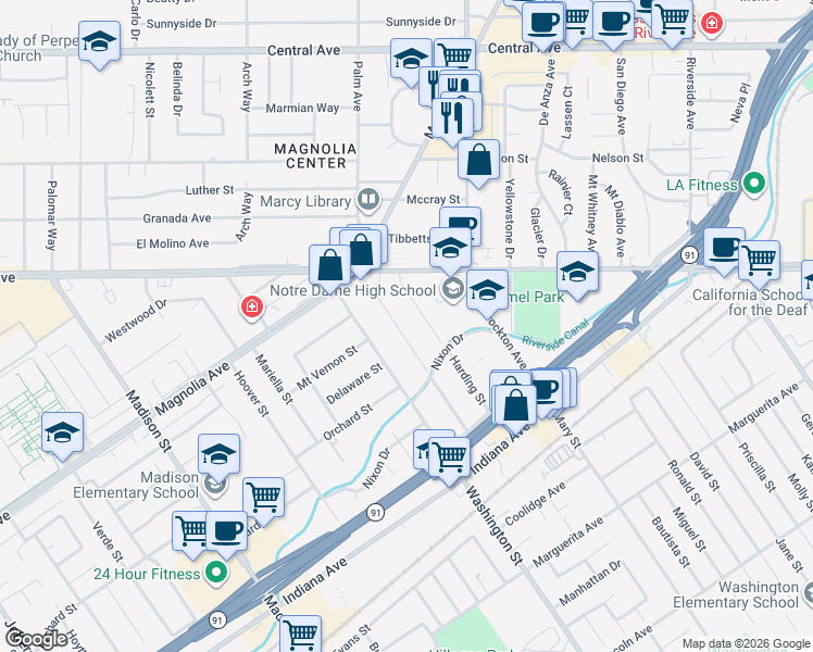 map of restaurants, bars, coffee shops, grocery stores, and more near 3702 Harding Street in Riverside