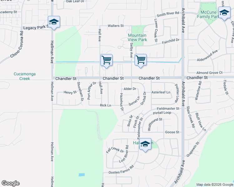 map of restaurants, bars, coffee shops, grocery stores, and more near 7861 Hazelnut Drive in Eastvale