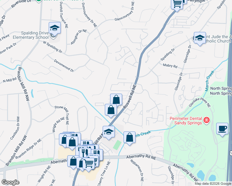 map of restaurants, bars, coffee shops, grocery stores, and more near 6977 Roswell Road in Sandy Springs
