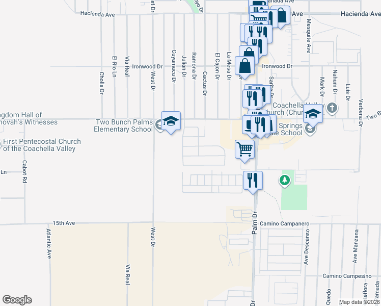 map of restaurants, bars, coffee shops, grocery stores, and more near 66240 North Agua Dulce Drive in Desert Hot Springs