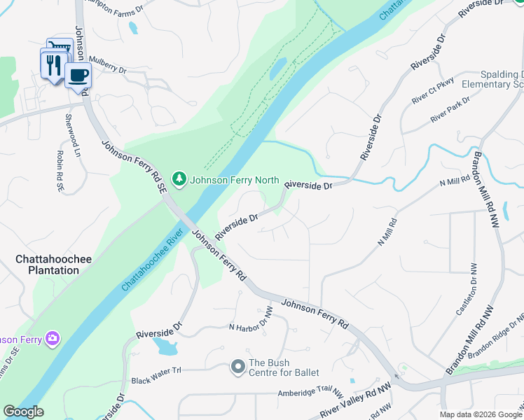 map of restaurants, bars, coffee shops, grocery stores, and more near 1400 North Riverside Circle in Atlanta