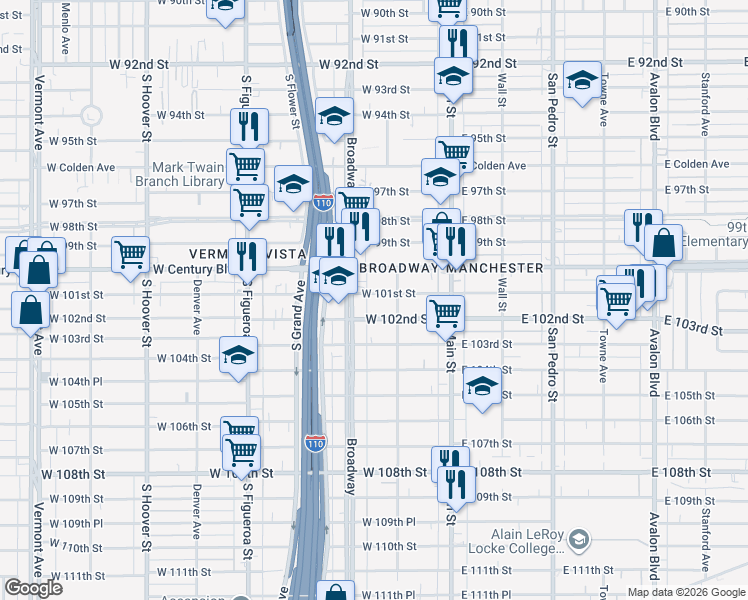 map of restaurants, bars, coffee shops, grocery stores, and more near 224 West 101st Street in Los Angeles