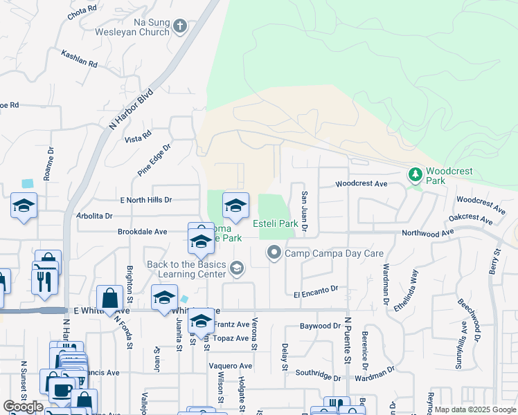 map of restaurants, bars, coffee shops, grocery stores, and more near 2251 Brookdale Avenue in La Habra