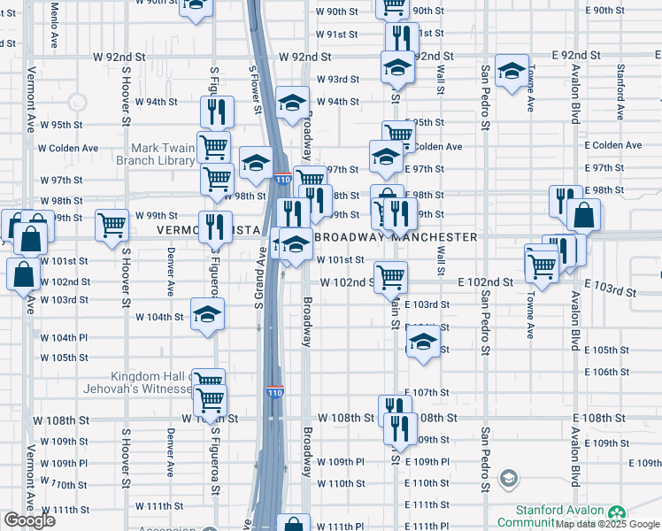 map of restaurants, bars, coffee shops, grocery stores, and more near 220 West 101st Street in Los Angeles