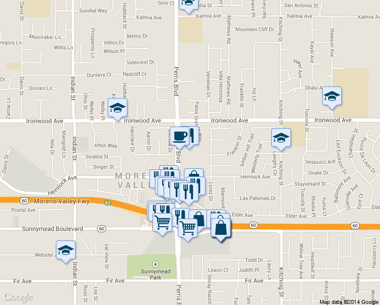 map of restaurants, bars, coffee shops, grocery stores, and more near 12190 Perris Boulevard in Moreno Valley