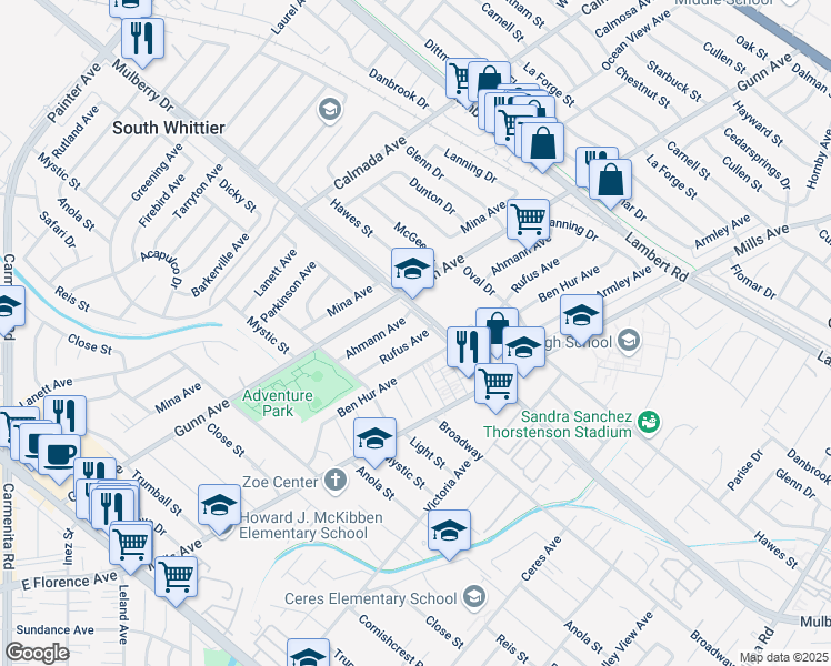 map of restaurants, bars, coffee shops, grocery stores, and more near 14038 Mulberry Drive in Whittier