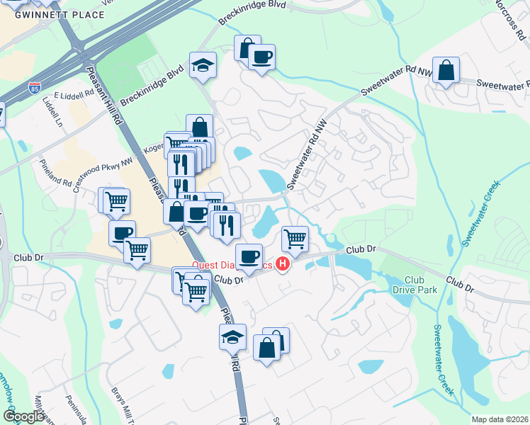 map of restaurants, bars, coffee shops, grocery stores, and more near 3525 Club Drive in Lawrenceville