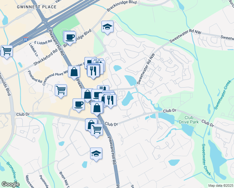 map of restaurants, bars, coffee shops, grocery stores, and more near 3500 Sweetwater Road in Duluth
