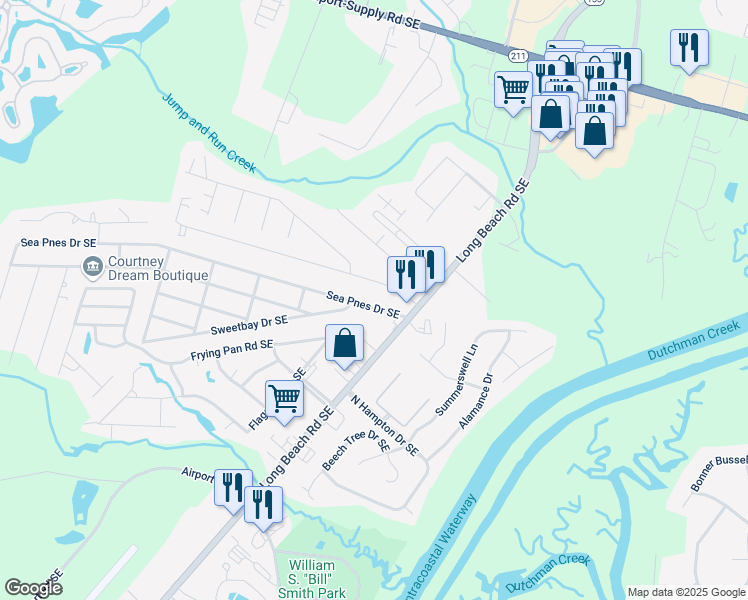 map of restaurants, bars, coffee shops, grocery stores, and more near 4839 Southgate Boulevard Southeast in Southport