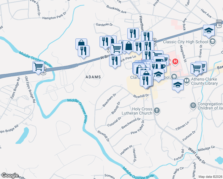 map of restaurants, bars, coffee shops, grocery stores, and more near 759 Riverhill Drive in Athens