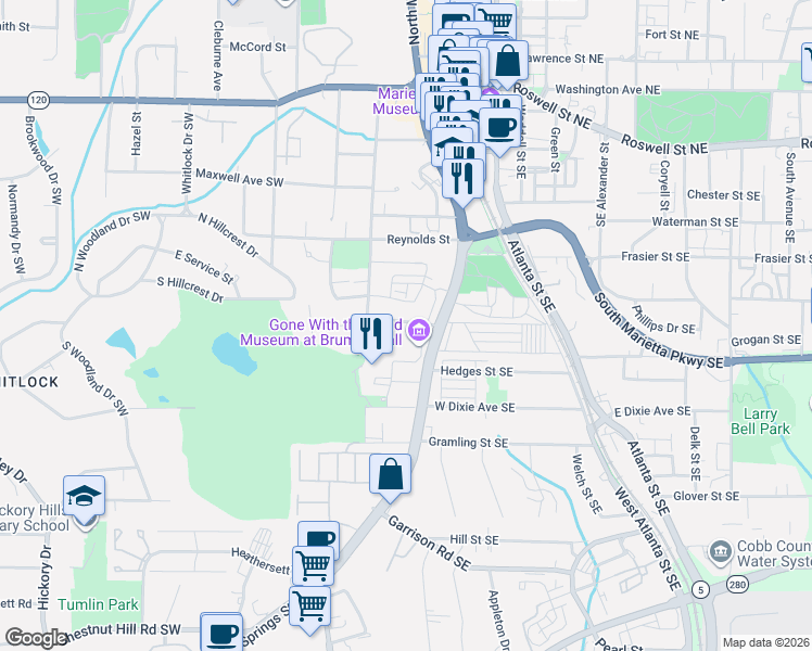 map of restaurants, bars, coffee shops, grocery stores, and more near 620 Henry Drive Southwest in Marietta