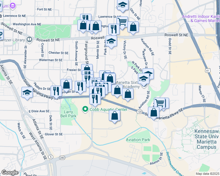 map of restaurants, bars, coffee shops, grocery stores, and more near 295 Victory Drive Southeast in Marietta