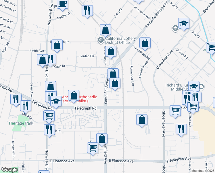 map of restaurants, bars, coffee shops, grocery stores, and more near 10110 Santa Fe Springs Road in Santa Fe Springs