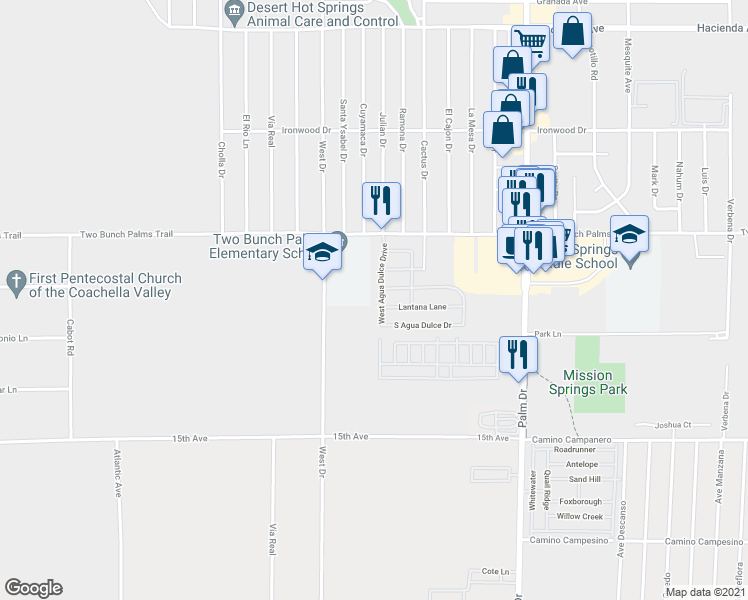 map of restaurants, bars, coffee shops, grocery stores, and more near 14377 West Agua Dulce Drive in Desert Hot Springs