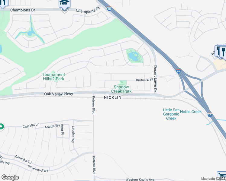 map of restaurants, bars, coffee shops, grocery stores, and more near 37575 Parkway Drive in Beaumont