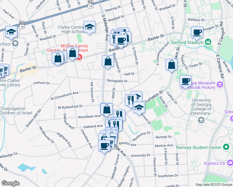map of restaurants, bars, coffee shops, grocery stores, and more near 181 West Cloverhurst Avenue in Athens