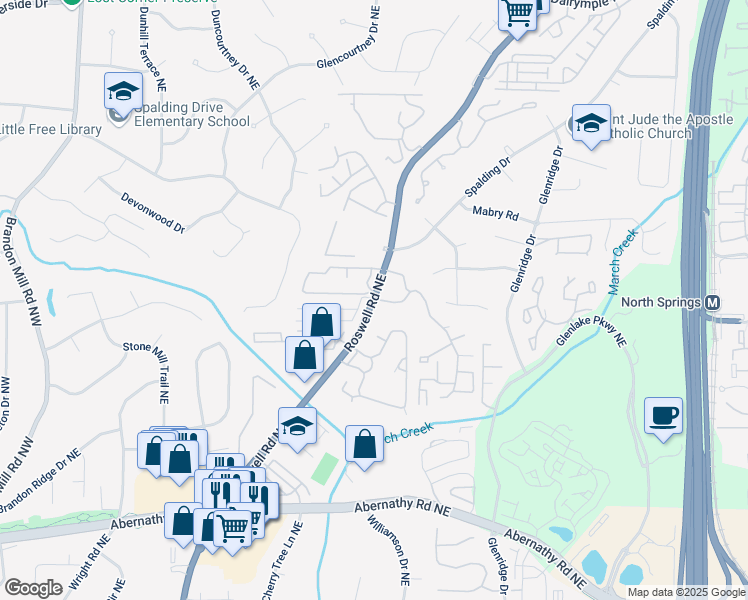 map of restaurants, bars, coffee shops, grocery stores, and more near 7069 Roswell Road in Sandy Springs