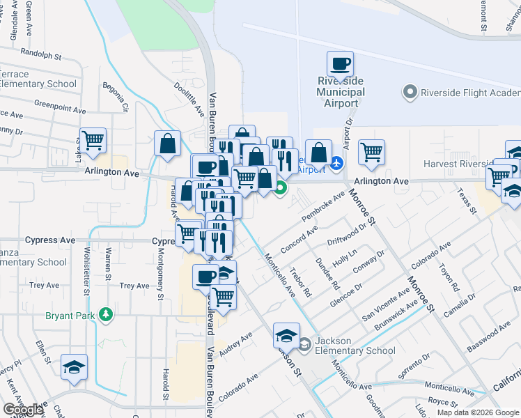 map of restaurants, bars, coffee shops, grocery stores, and more near 6195 Pegasus Drive in Riverside