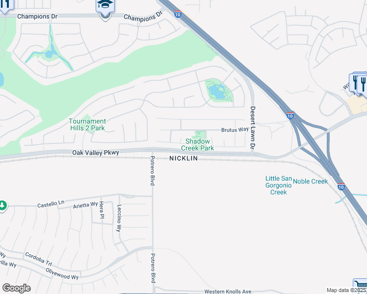 map of restaurants, bars, coffee shops, grocery stores, and more near 37575 Parkway Drive in Beaumont
