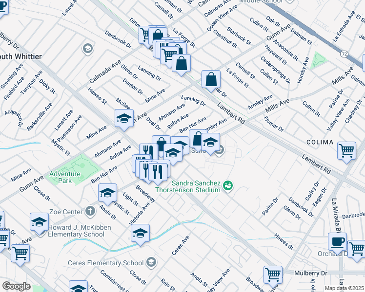 map of restaurants, bars, coffee shops, grocery stores, and more near 9824 Armley Avenue in Whittier