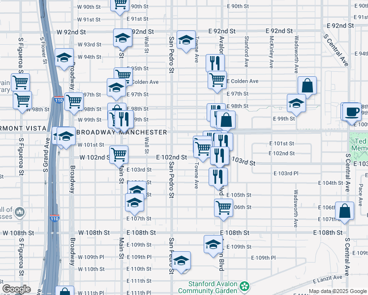 map of restaurants, bars, coffee shops, grocery stores, and more near 315 East 101st Street in Los Angeles